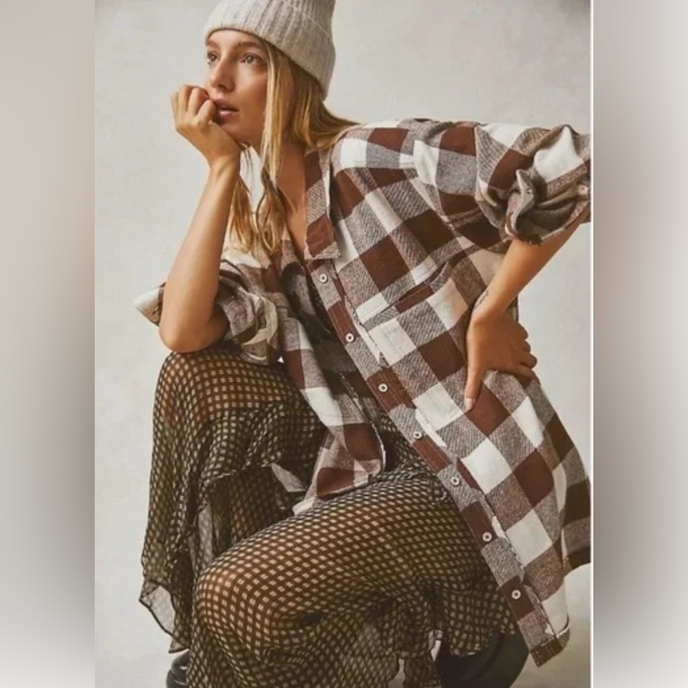 We The Free So Long Summer Brown and Cream Plaid Shirt NWOT
